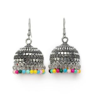 Traditional Jhumka Earrings – Silver-Toned with Colorful Beads from Iraasa Collection