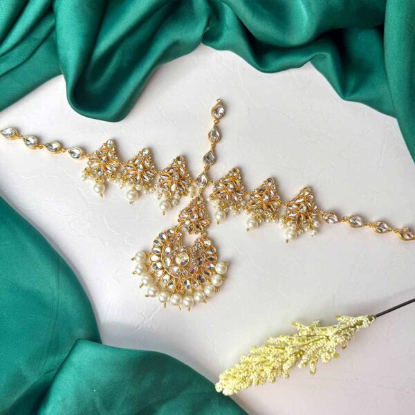 Bridal Matha Patti with intricate gold plating and delicate embellishments, perfect for traditional Pakistani weddings