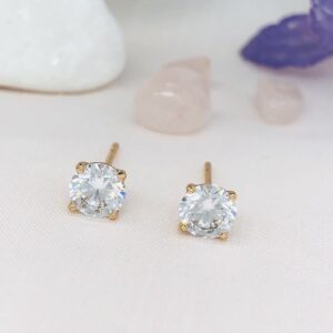 Iraasa Diamond-Style Gold Stud Earrings – Round Clear Gemstones